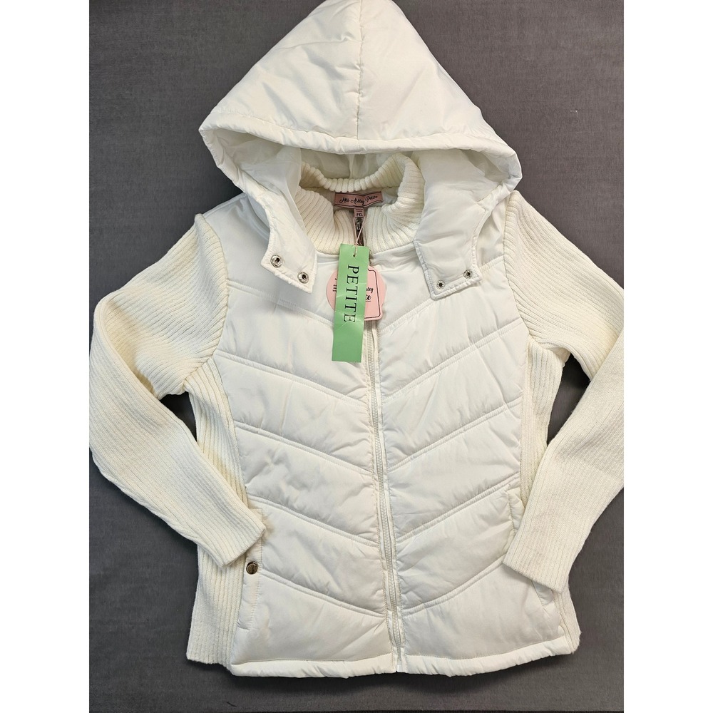 New Miss Ashley Petite White Quilted Puffer Knit Hooded Jacket PXL